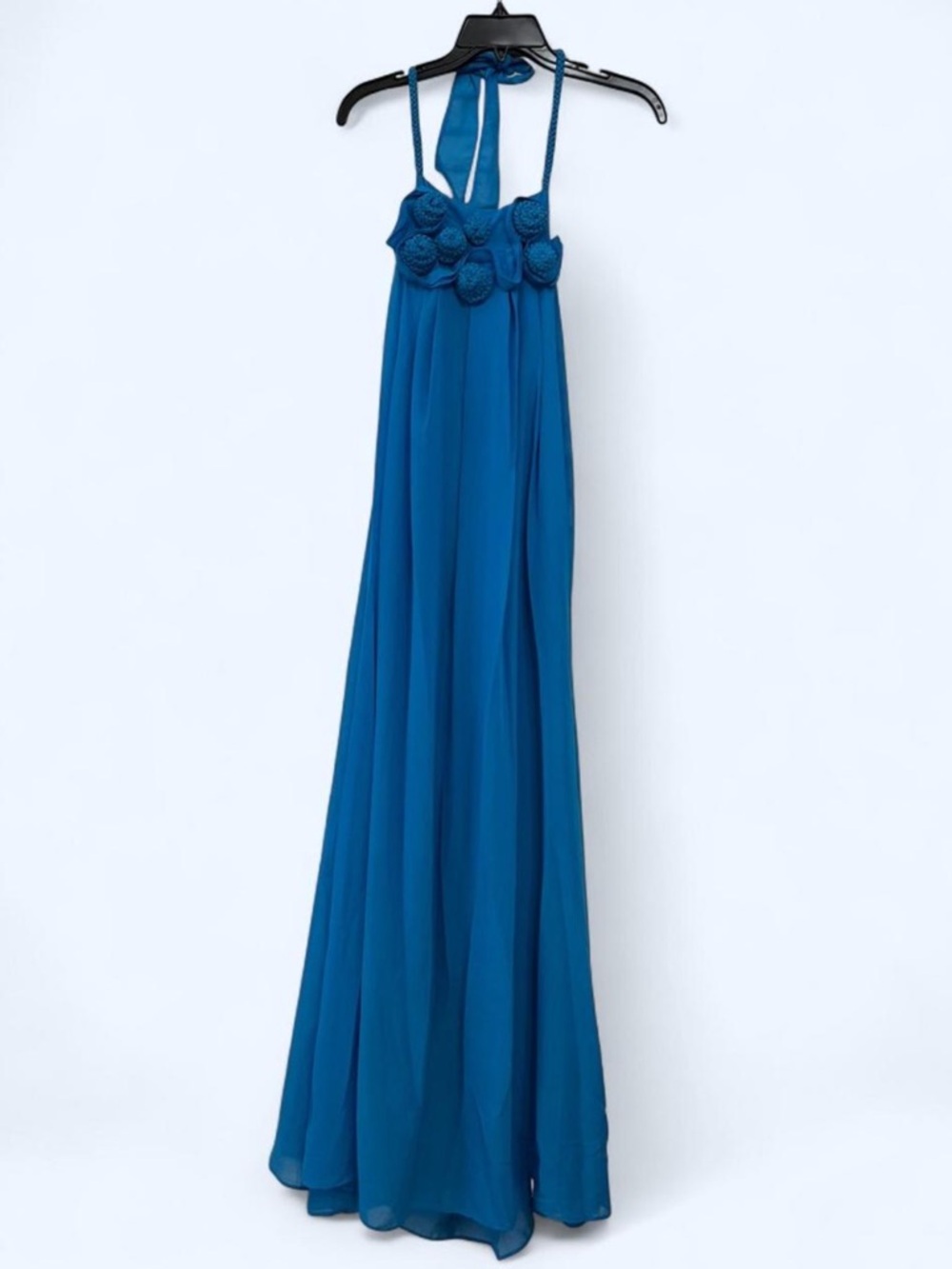 Vintage Ryu Elegant Flower Crotchet Halter Maxi Dress in Teal Blue
